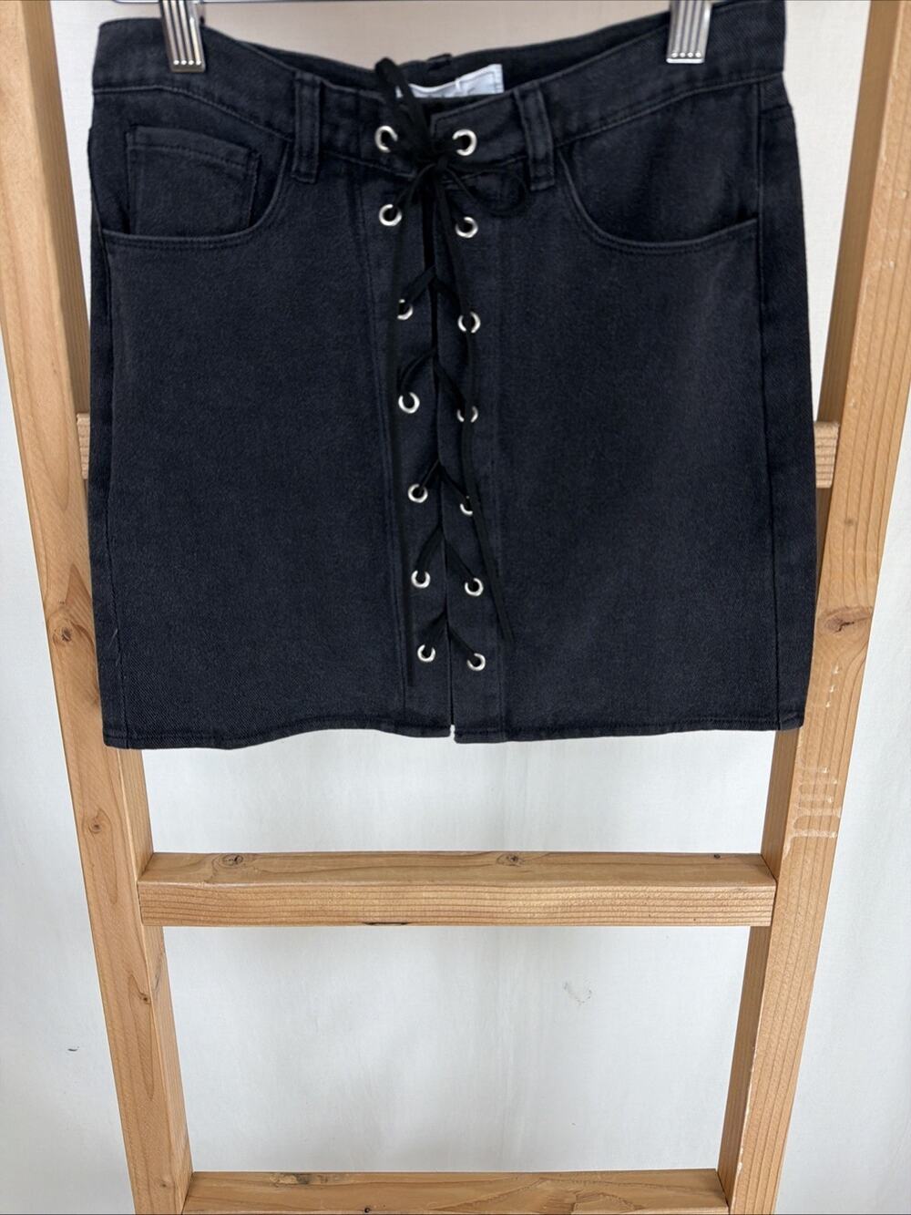 NWT Sage The Label Black 5-Pocket Faux Lace Up Denim Mini Skirt #0929 Size XS